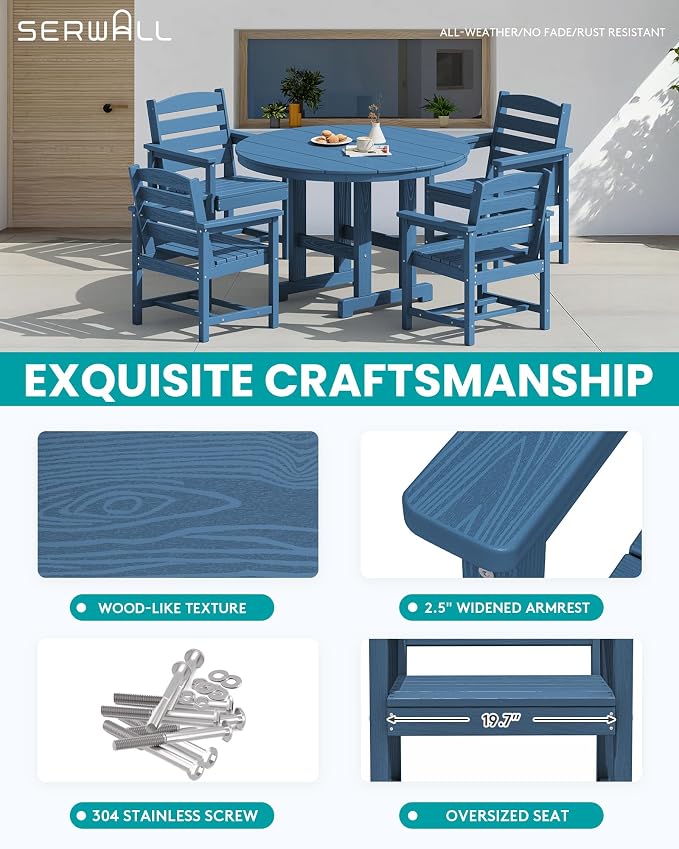 SERWALL 5-Piece Patio Dining Sets, HDPE Outdoor Table and Chairs Furniture Set, 45" Round Dining Table and 4 Dining Chairs, Navy
