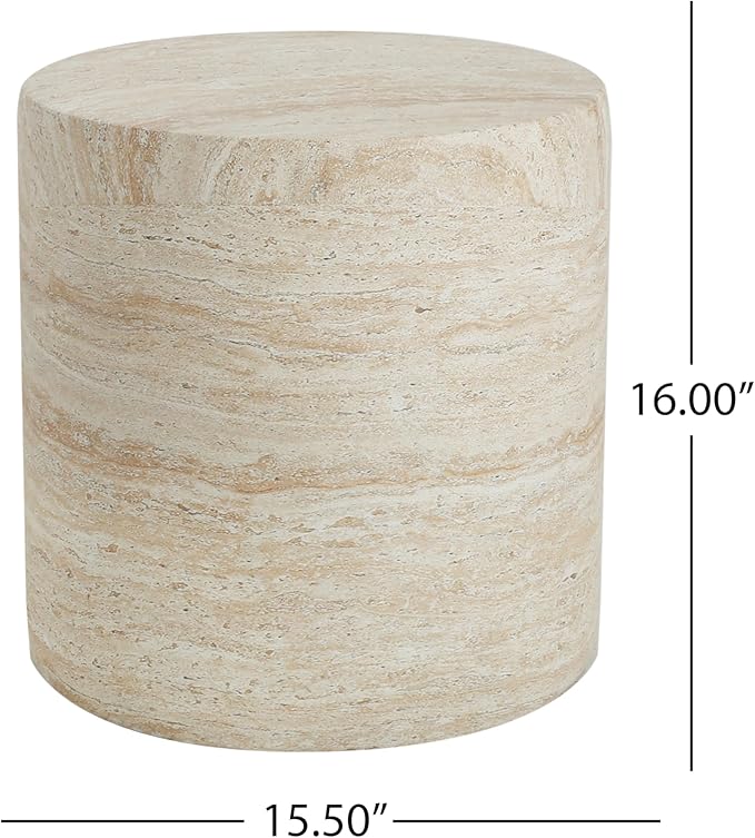 Outdoor Side Table Marble Cylinder Side Table Travertine End Tables Faux Stone Small Coffee Tables for Patio, Garden Stool Plant Stand for Porch Backyard, ﻿﻿Weather Resistant, MgO, Beige