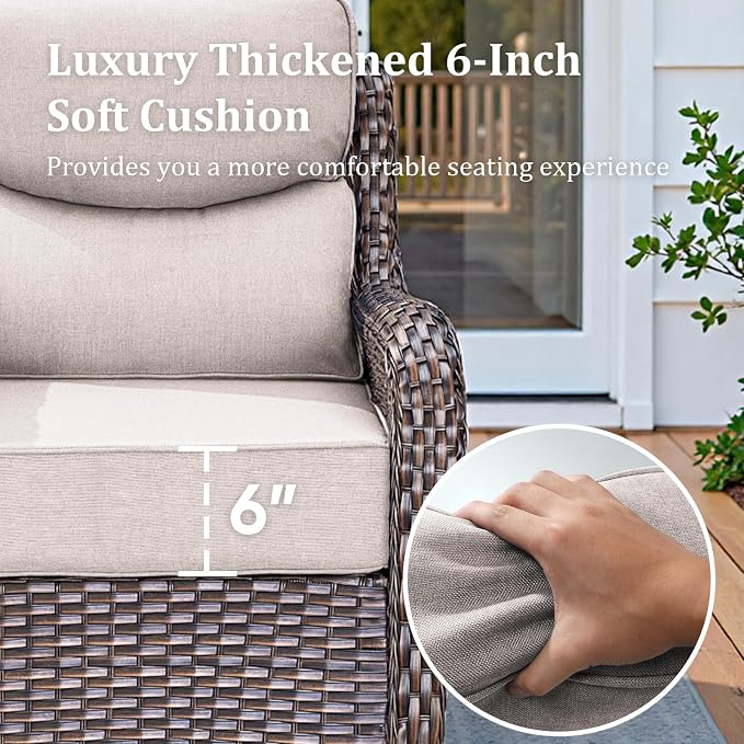Luxury Patio Furniture Set with 42.5" Fire Pit Table, 8 Pieces High Back All Weather Wicker Outdoor Furniture w/ 6-Inch Thick Cushions, Patio Swivel Chairs Couch for Deck Balcony Backyard Brown/Beige