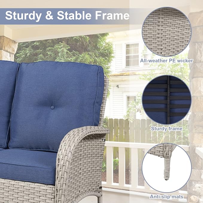 Belord Outdoor Wicker Loveseat with Coffee Table, Patio Loveseat Sofa 2 Piece Outdoor Wicker Furniture Set for Patio Porch Deck Balcony Light Beige/Blue