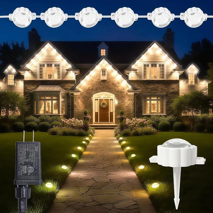 Permanent Warm White Outdoor Lights - 54FT 36 LED Christmas String Lights for Eaves & In-Ground, 8 Modes via Built-in Button, IP67 Waterproof, Yard, Patio Lights