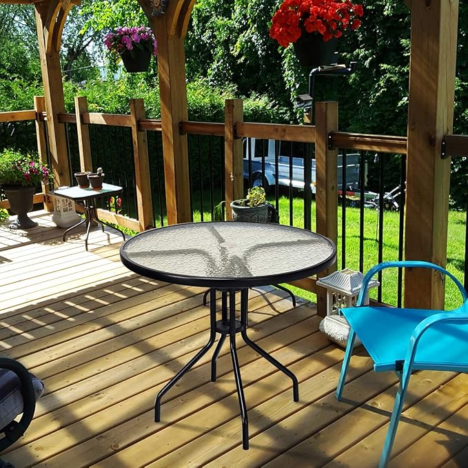 Tangkula 32” Outdoor Dining Table Round, Tempered Glass Top Steel Frame with 1.6 inch Umbrella Hole, All Weather Patio Side Table for Backyard Lawn Balcony Poolside or Garden