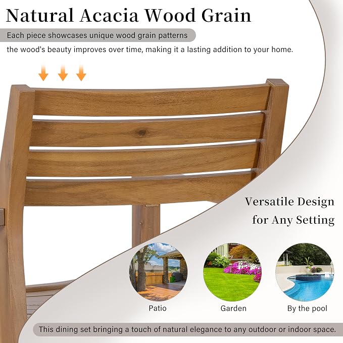 5 Pieces Outdoor Acacia Wood Dining Table Set with 47.2" L Slatted Round Table and 4 Chairs, Modern Patio Dinner Set with Cushions for Backyard, Lawn, Garden, Poolside or Indoor, Natural