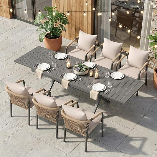 SUNSITT 7 Piece Outdoor Patio Dining Set, 65" - 107" Metal Expandable Outdoor Dining Table with X-Shape Legs, 6 Woven Wicker Patio Chairs w/Curved Backrest for Garden, Dark Grey