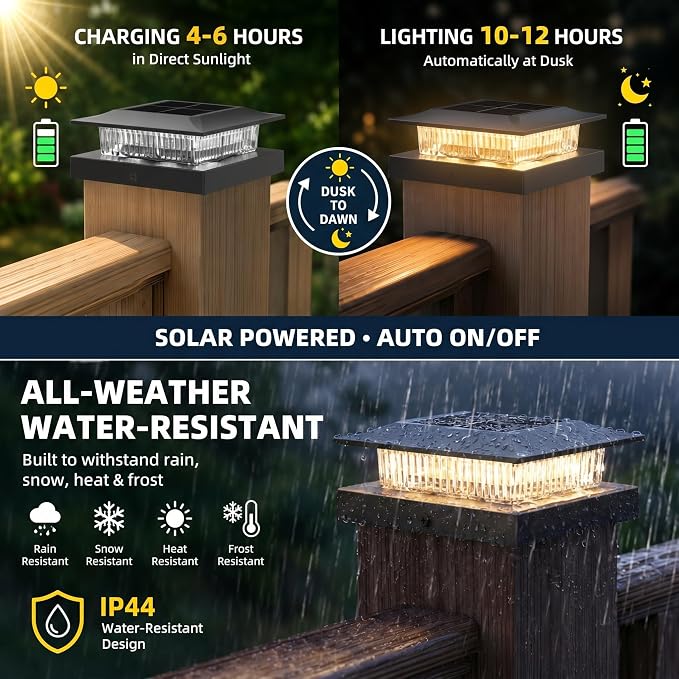 12 Pack Solar Post Cap Lights 4x4, Dual-Color Waterproof Fence Post Solar Lights, Fits 4x4 Vinyl or 3.5x3.5 Wood Posts, Dusk to Dawn Outdoor Lighting for Deck, Garden & Porch Decor, Black