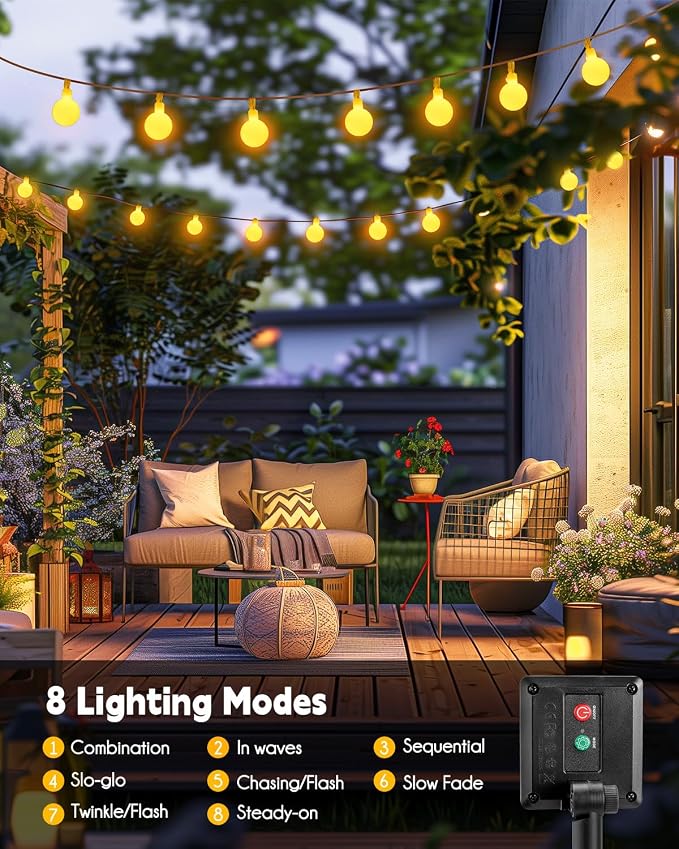 Brightown Solar String Lights 19.6Ft, 60 LED Globe Waterproof, 8 Modes | Solar Patio Lights for Yard Patio Tree Canopy Party Camping Balcony Outdoor Decor