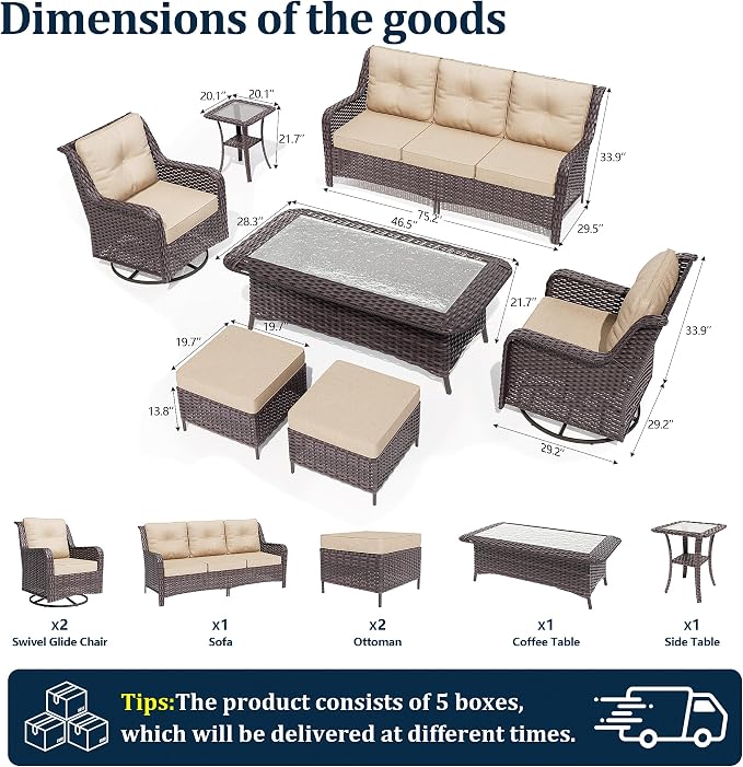 7-Piece Patio Furniture Set,Outdoor Conversation Sets w/Glass Table&High Back Wicker Swivel Rocker Chairs,All-Weather Wicker Sectional Sofa for Deck,Yard and Poolside,Sand