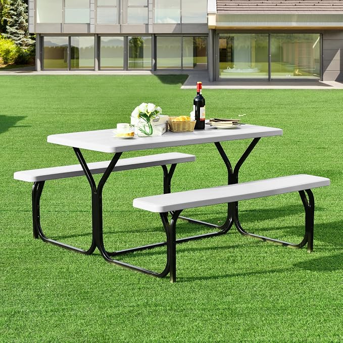 ORALNER Picnic Table, Resin Dining Table & 2 Benches Set, Weather Resistant Wood Grain Plastic Tabletop & Steel Frame, Picnic Tables for Outdoors, Porch Yard Patio Lawn Party Camping (White)