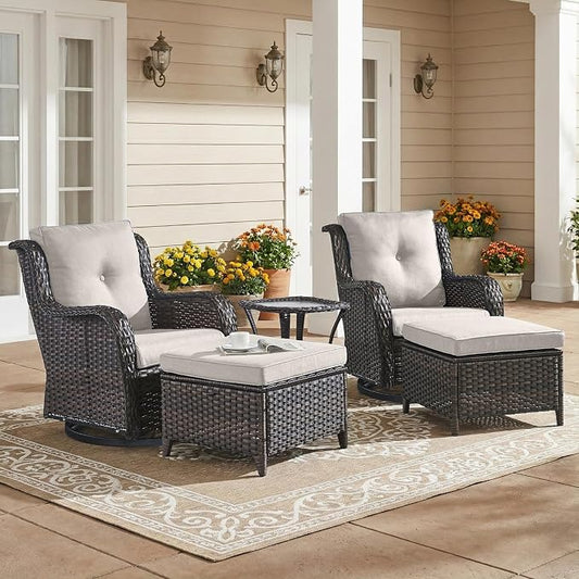 Outdoor Patio Furniture Set-5 Piece Outdoor Swivel Rocker Chairs with Ottomans Patio Furniture Set for Deck Balcony Poolside Backyard-Brown/Beige