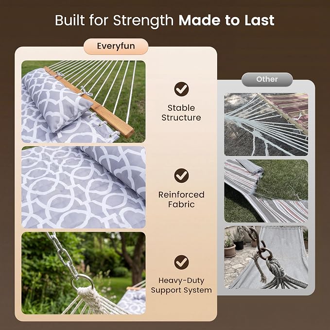 Everyfun Double Hammock with Spreader Bar - 2 Person Patio Hammock, 500 lbs Capacity, Soft Pillow & Carry Bag, Flat Wide Bed, Portable Quilted Hammock for Outdoor Camping Backyard Garden,White Gray