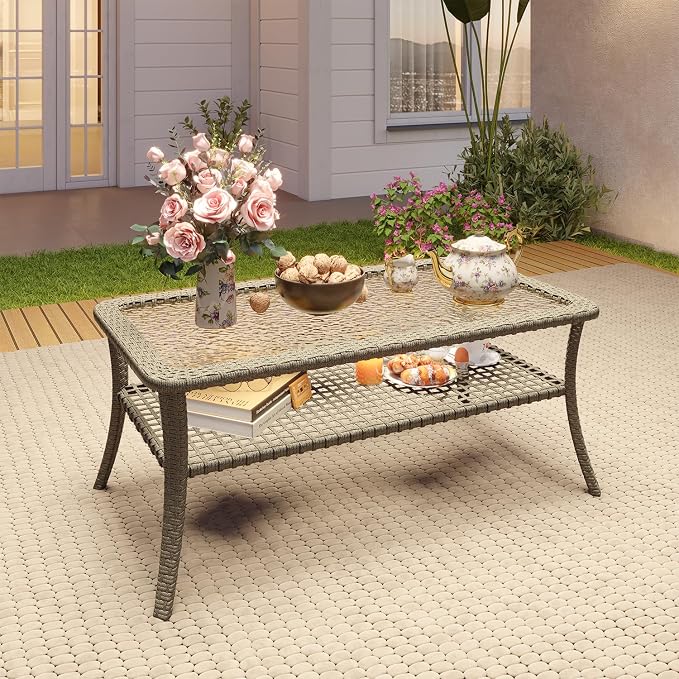 LazySunsets Outdoor Coffee Table with Storage Wicker Patio Coffee Table, Tempered Glass Top Table for Patio Outside Balcony Porch Deck, Yellow