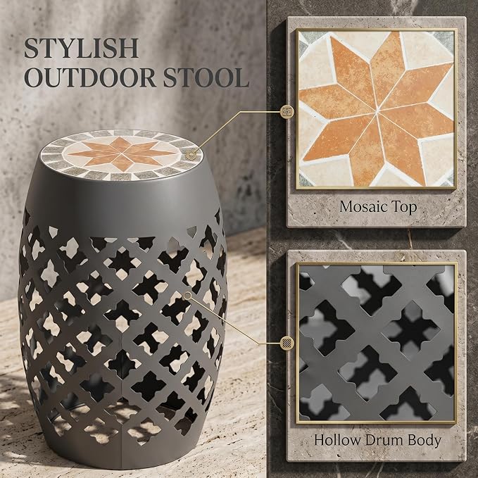 Ceramic Mosaic Outdoor Side Table, 12" Round Garden Stool Hollow Drum Accent End Table, All-Weather Metal Plant Stand Footstool for Patio, Balcony, Living Room, No Assembly