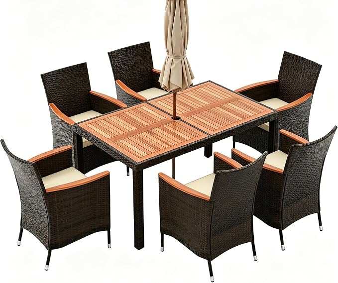 DORTALA Patio Dining Furniture Set for 6, 7 Piece PE Rattan & Acacia Wood Outdoor Table and Chairs with Umbrella Hole, Cushions for Backyard Poolside, 400 Lbs Capacity, Mix Brown