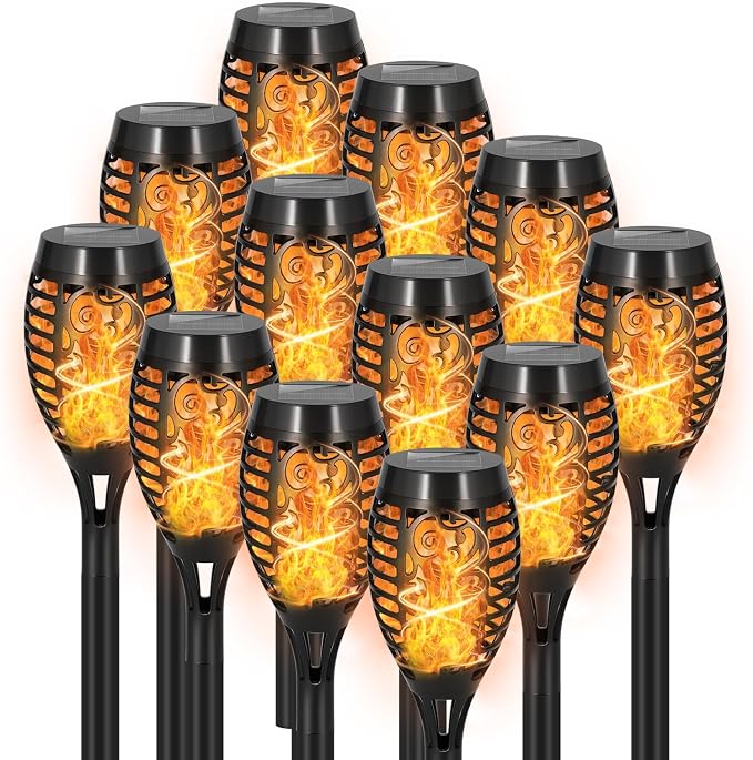12 Pack Solar Lights Outdoor, Warm White Flickering Flame Torch | Warm White Flickering Flame, Long Nighttime Glow, Auto-On at Dusk, IP65 Weather-Resistant, Tool-Free Ground Setup