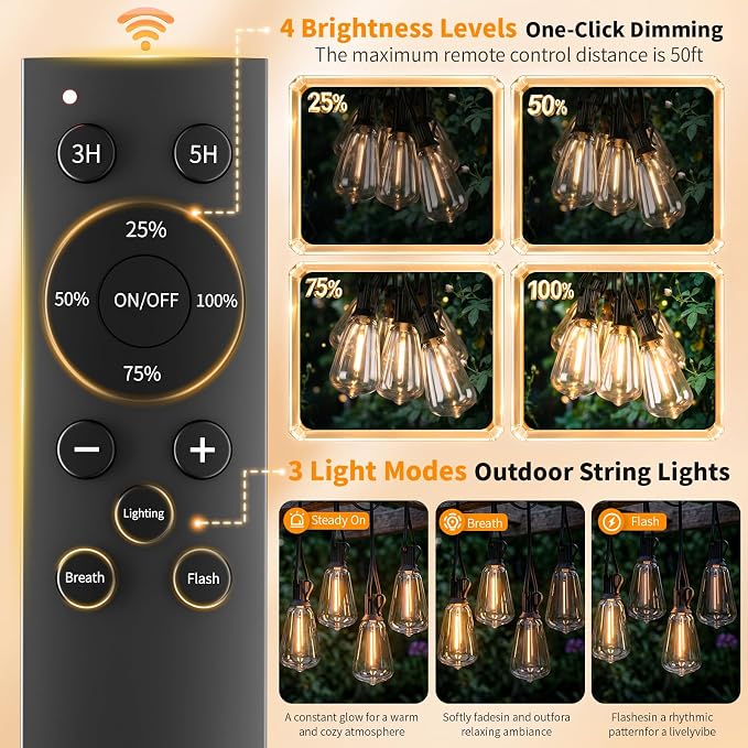 Hotsonic Solar Outdoor String Lights Waterproof, 100FT Remote Control LED Outside Lights with Shatterproof Bulbs, Dimmable Hanging Lights for Patio Porch Garden pergola Yard House Bistro Party Decors