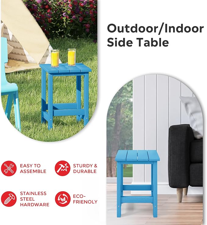 Costaelm Kids Outdoor End Table, Small Patio Table, Outdoor Side Table Porch Table Adirondack Patio Side Table for Outside, Pool, Porch, Garden, Pacific Blue