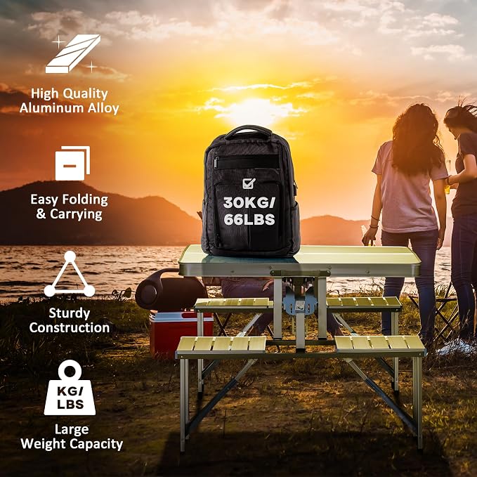 Outsunny Folding Picnic Table with Umbrella Hole, Aluminum Suitcase Portable Outdoor Table with Bench, Patio, Porch or Camping Table and Chair Set, Silver