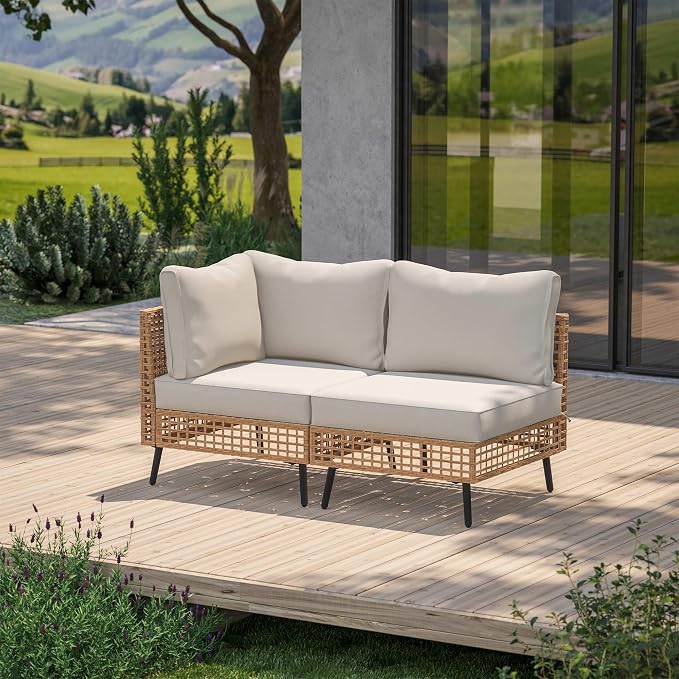 LAUSAINT HOME Outdoor 2 Pieces PE Wicker Patio Furniture Set, All-Weather Rattan Sectional Sofa with Thick Cushions for Garden, Yard and Balcony (Beige)