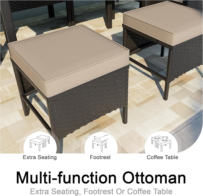 7 Pieces Outdoor Dining Set, Wicker Conversation Patio Furniture with Glass Table, L-Shaped PE Rattan Sectional Sofa Seating with Ottomans for Outside, Backyard, Balcony, Garden, Khaki Cushions