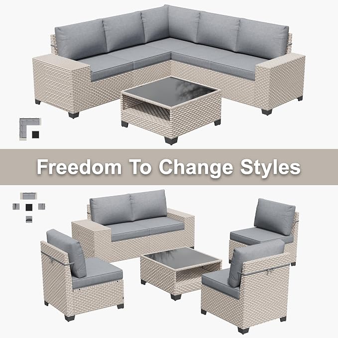 6-Piece Outdoor Patio Furniture Set, Modular Sectional Sofa Set with Glass Coffee Table and Cushions, Wicker Outdoor Couch Conversation Sets, Gray