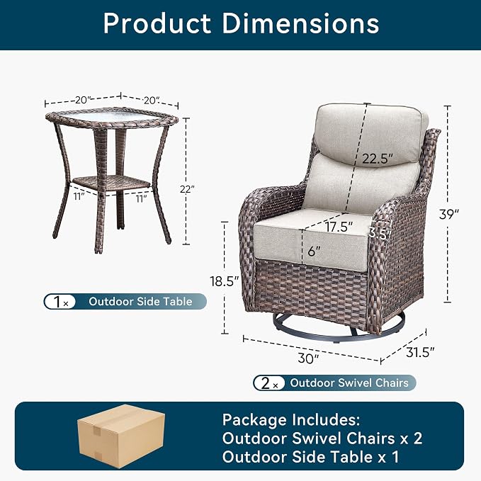 Luxury Outdoor Swivel Rocker Patio Chairs-3 Piece Wicker Patio Rocking Chairs Set of 2 with Glass Side Table 6" Thick Cushions High Back Outdoor Furniture Sets for Deck Porch Balcony(Brown/Beige)