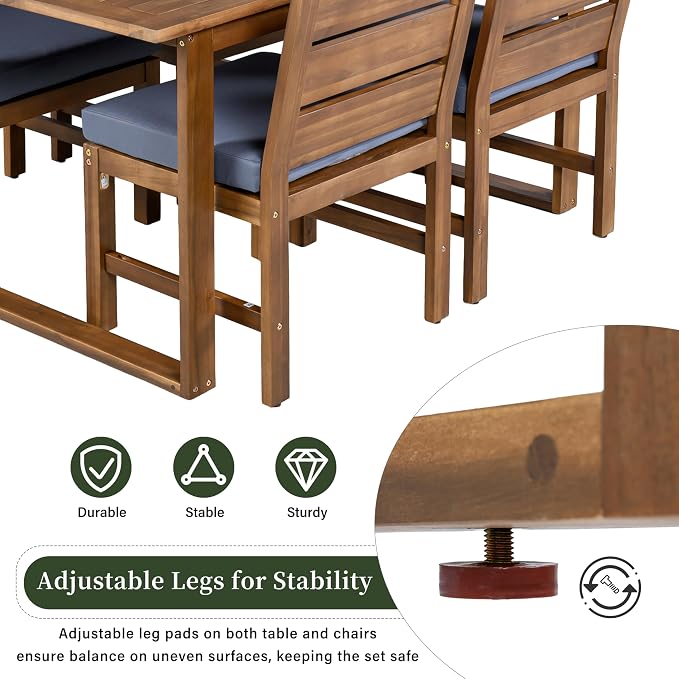 Merax 5-Piece Patio Dining Set for 4, Acacia Wood Farmhouse Outdoor Furniture Set with Removable Cushions and Adjustable Feet, Rustic Garden Dining Set for Backyard, Poolside, Brown + Gray