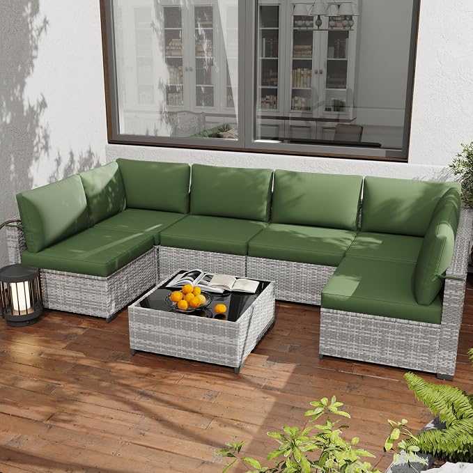 KIGOTY Patio Furniture Set,7 Pieces Modular Outdoor Sectional Sofa, PE Rattan Patio Conversation Set, All Weather Wicker Patio Furniture with Cushions and Coffee Table（Grey White/Green）