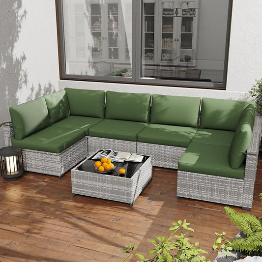 KIGOTY Patio Furniture Set,7 Pieces Modular Outdoor Sectional Sofa, PE Rattan Patio Conversation Set, All Weather Wicker Patio Furniture with Cushions and Coffee Table（Grey White/Green）