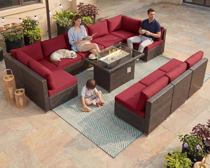 NICESOUL 11 Piece Outdoor Furniture Set with Firepit, Luxury 10-Person Patio Sectional Sets, 29.3'' High-Back Backyard Seating, All-Weather Rattan Couch Sofa for Outside, Deck, Brown & Red