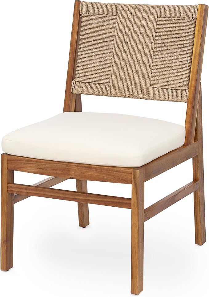 Christopher Knight Home 5 Piece Outdoor Dining Set Acacia Wood Square Table and 4 Light Brown Wicker Chairs with Cream Cushions Teak Finish Patio Furniture Set for Garden Backyard Balcony