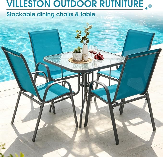 5 Piece Patio Dining Set with Wider 24.4" Stackable Chairs, Outdoor Dining Set for 4 with 36"*36" Table, Gery Metal Frame and Blue Textilene