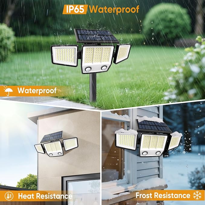 MDCMDCM Solar Motion Sensor Outdoor Lights Waterproof - 3000LM 3 Modes Security Lights Outdoor 270° Illumination IP65 LED Solar Flood Wall Light for Garden Yard Patio Pathway (with Stakes, 2)