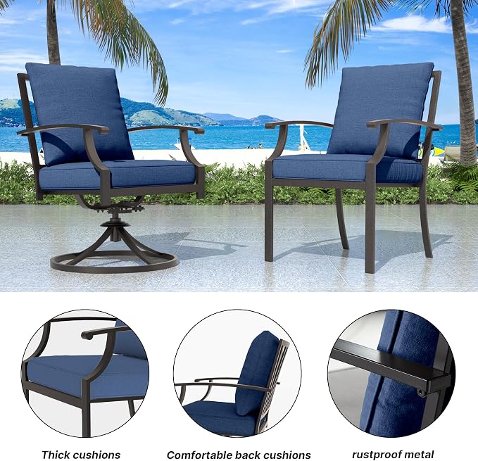 9 PCS Outdoor Patio Dining Set,Patio Table and Chairs Metal Outdoor Patio Furniture Set with Umbrella Hole,Dining Table Set with Swivel Chairs for Deck,Backyard and Garden,Navy Blue