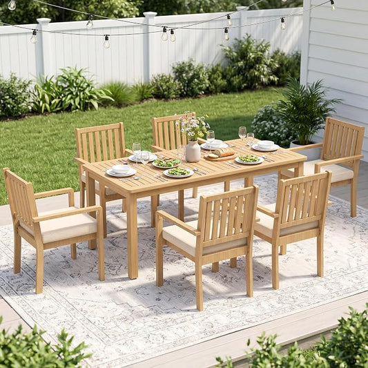 FansaFurn 7 Pieces Acacia Outdoor Patio Table and Chairs Set for All-Weather, Outside Furniture with Table Umbrella Hole and Removable Cushion for 6, Outdoor Patio Furniture Set for Garden, Brown