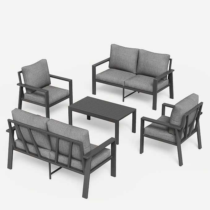 5 Pieces Aluminum Outdoor Patio Furniture Set 6-Seat Deck Furniture Patio Conversation Sets All-Weather Rust-Proof Sectional Sofa Set with Removable Cushion for Balcony, Yard, Poolside
