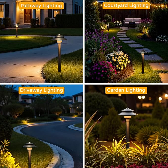Solid Brass Low Voltage Landscape Pathway Lights (6'' Shade, 19'' Tall), 12V LED Heavy Duty Path Lighting Outdoor Wired, Waterproof Antique Bronze Walkway Light Without G4 Bulb, 4 Pack