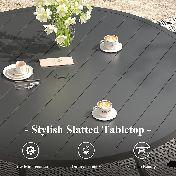 Outdoor Dining Table for 8, 63" Round Outdoor Table with Adjustable Umbrella Hole, All-Weather Metal Patio Dining Table for Lawn Garden Backyard Deck, Black