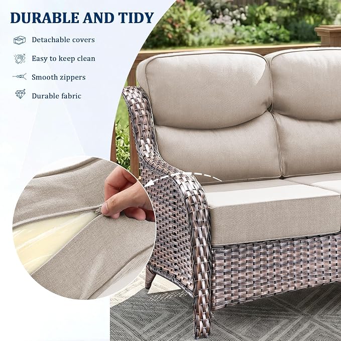 Luxury Swivel Rocker Chairs Sofa Set with 6" Thick Cushion 5 piece Wicker Outdoor Patio Chair with Coffee Table High Back Comfortable Outdoor Patio Furniture Set - Brown | Beige