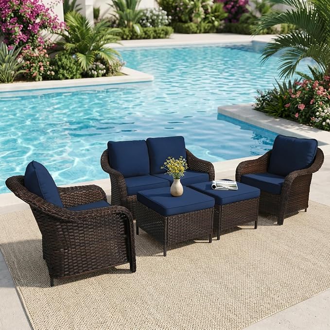 5 Piece Patio Wicker Conversation Set, All-Weather Use Outdoor Wicker Loveseat with 2 PE Rattan Ottomans,2 Chair, Ideal for Porch, Backyard, Balcony, Poolside, Blue