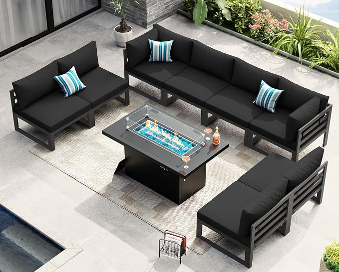 NICESOUL 9 Pcs Large Modern Aluminum Outdoor Patio Furniture Set with Fire Pit Table Propane/Gas, 29" Wide Deep Seat, Fade Resistant Sectional Sofa, 500 lbs Sturdy Conversation Set for Backyard, Black