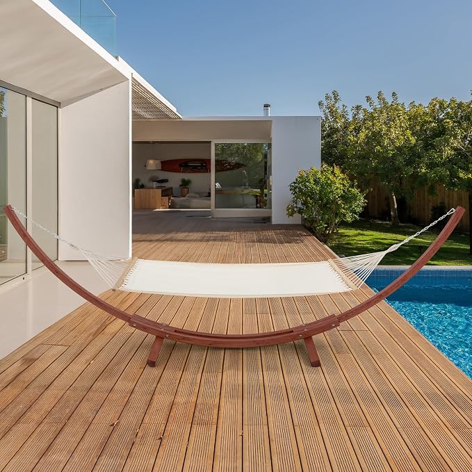 ECOTOUGE 13 FT Wooden Hammock with Stand, Outdoor Double Hammock with Wood Stand 2 Person Heavy Duty Hammock and Stand for Outside Backyard, Balcony, Porch, Patio, Garden, 550 lbs Capacity, White