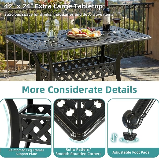 MEETWARM Outdoor Dining Table, All-Weather Cast Aluminum 42" Rectangle Patio Dining Table, 200 LBS Heavy Duty Patio Bistro Table for Balcony Poolside Deck Garden & Indoor Use, Dark Bronze