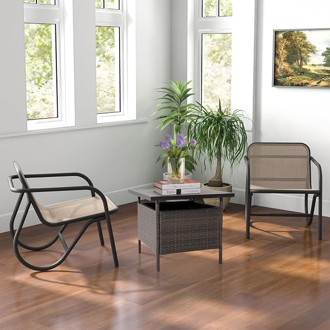 LDAILY Patio Table Umbrella, Outdoor Table with Umbrella Hole, Rattan Patio Side Table with Steel Umbrella Hole, HDPE Desktop & Metal Frame for Deck Garden Poolside Backyard Balcony, Mix Brown