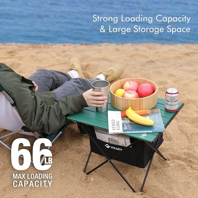 VILLEY Portable Camping Side Table, Ultralight Aluminum Folding Beach Table with Carry Bag and Under-Table Storage Hammock for Outdoor Cooking, Picnic, Camp, Boat, Travel, Medium