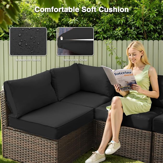 12 Piece Patio Furniture Set with Fire Pit Table, Outdoor Sectional Sofa PE Rattan, Patio Conversation Sets with Cushions for Garden Lawn Balcony Porch Deck Black