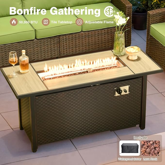 ovios 8 Pieces Patio Furniture Set, Outdoor Wicker Sofa Couch with 54" Fire Pit Table Comfy Cushions, All Weather Brown Rattan Conversation Set for Backyard Deck, Green