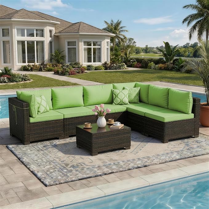 LAFWLL 7 Pieces Outdoor Patio Furniture Sets,Rattan Conversation Sectional Set,Manual Weaving Wicker Patio Sofa with Tea Table