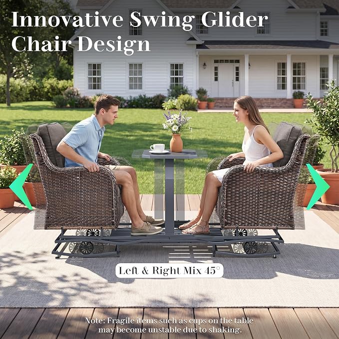 Rilyson Luxury Wicker Outdoor Conversation Set with Glider Rocker Chairs, 4 Pieces Patio Furniture Set with Rattan Swivel Rocker Chairs and Coffee Table All Weather Brown/Grey