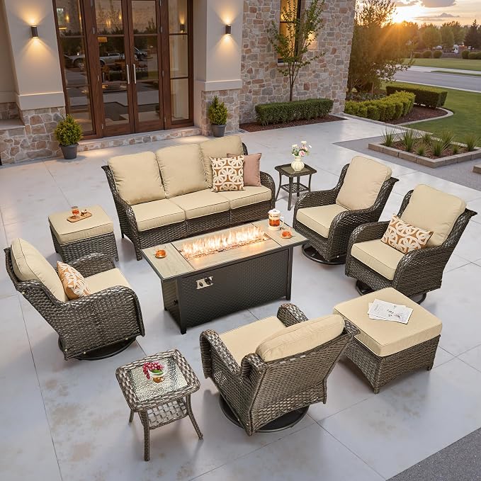 ovios 10-Piece Patio Furniture Set with Swivel Chairs Side Table, Outdoor Wicker Sofa with 54" Fire Pit Table, High Back Couch Modern Conversation Sets, Brown/Beige