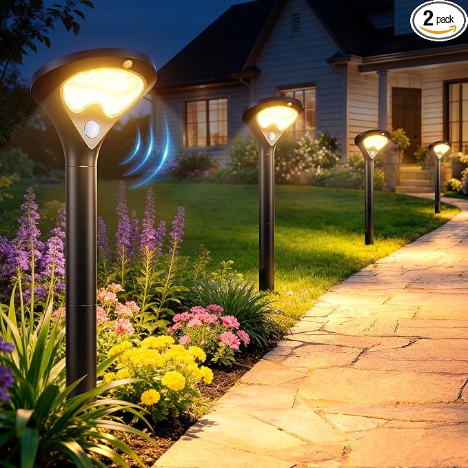 ELECLINK 400LM Solar Pathway Lights Outdoor with Motion Sensor, 2 Pack | 3 Modes Security Solar Yard Lights, Larger Glass Panel, Waterproof Path Lights for Walkways, Garden, Patios, Driveways, Black